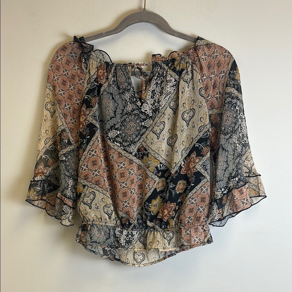 BCX Brown and Gray Asymmetrical Ruffled Blouse